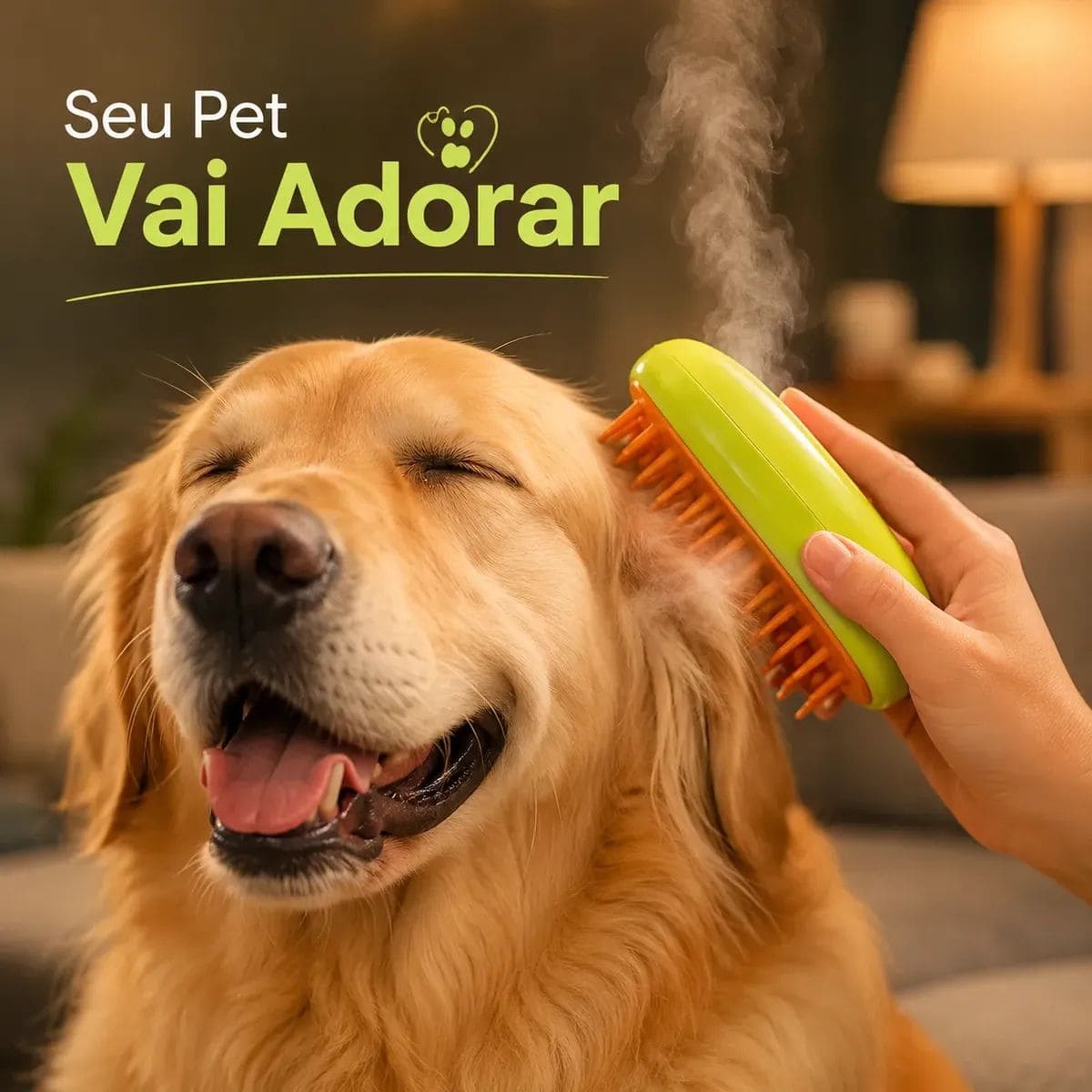 Cachorro golden retriever relaxado sendo escovado com a VapoPet