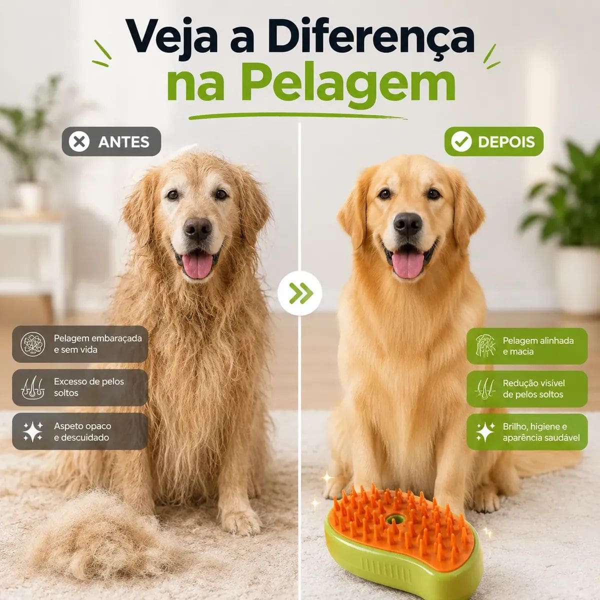 Comparação da pelagem antes e depois do uso da VapoPet